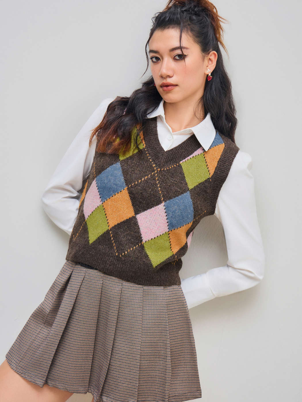Knit Fabric Knit V-neck Argyle Print Vest For School