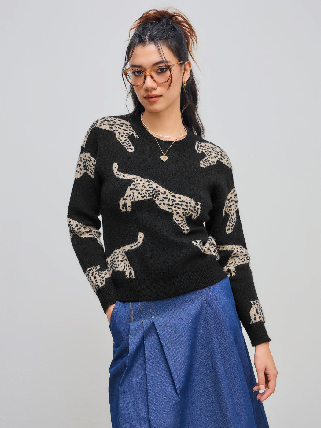 Leopard Strickwaren Rundhals Pullover