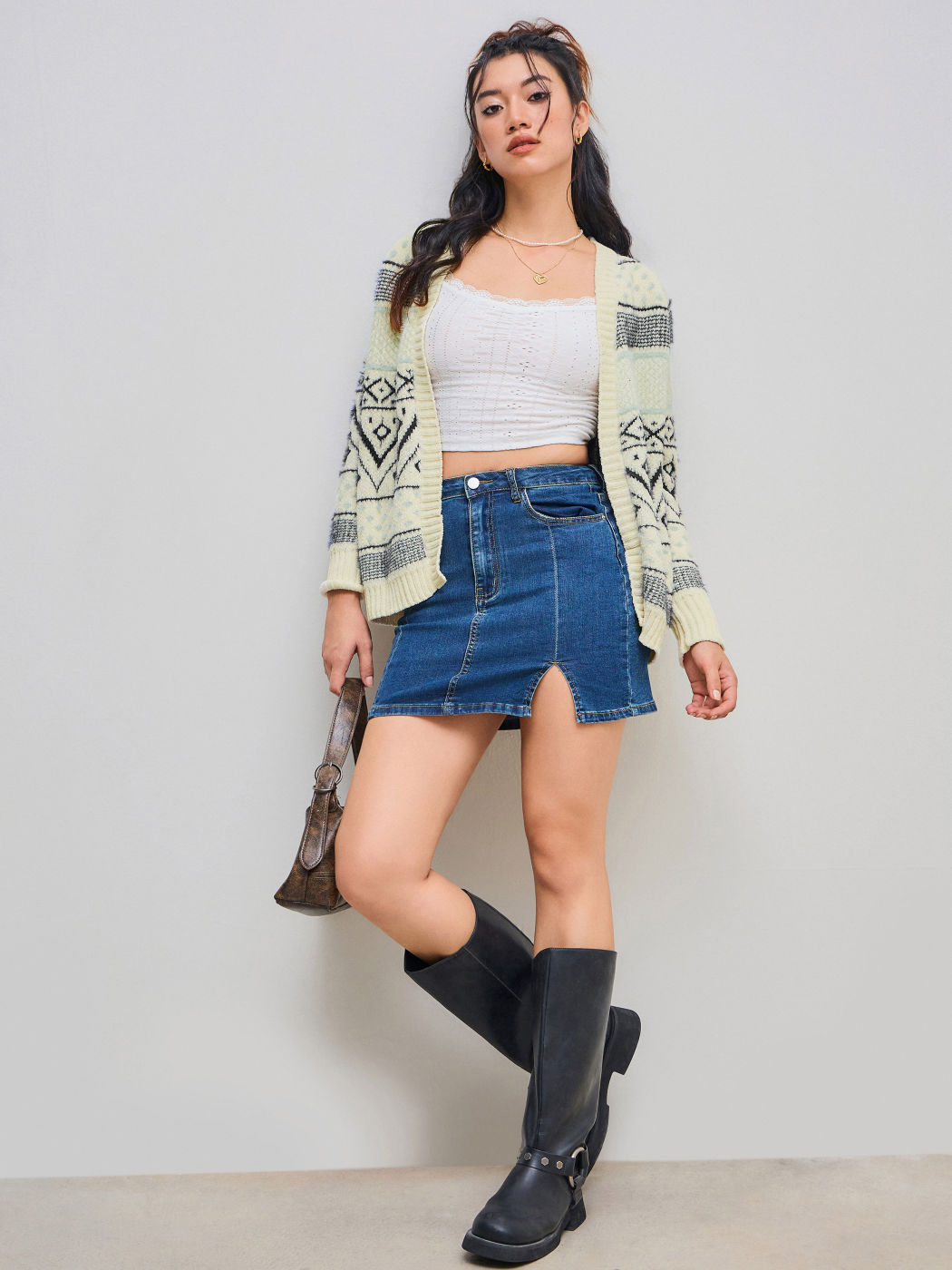 Knit Geometric Print Pocket Cardigan