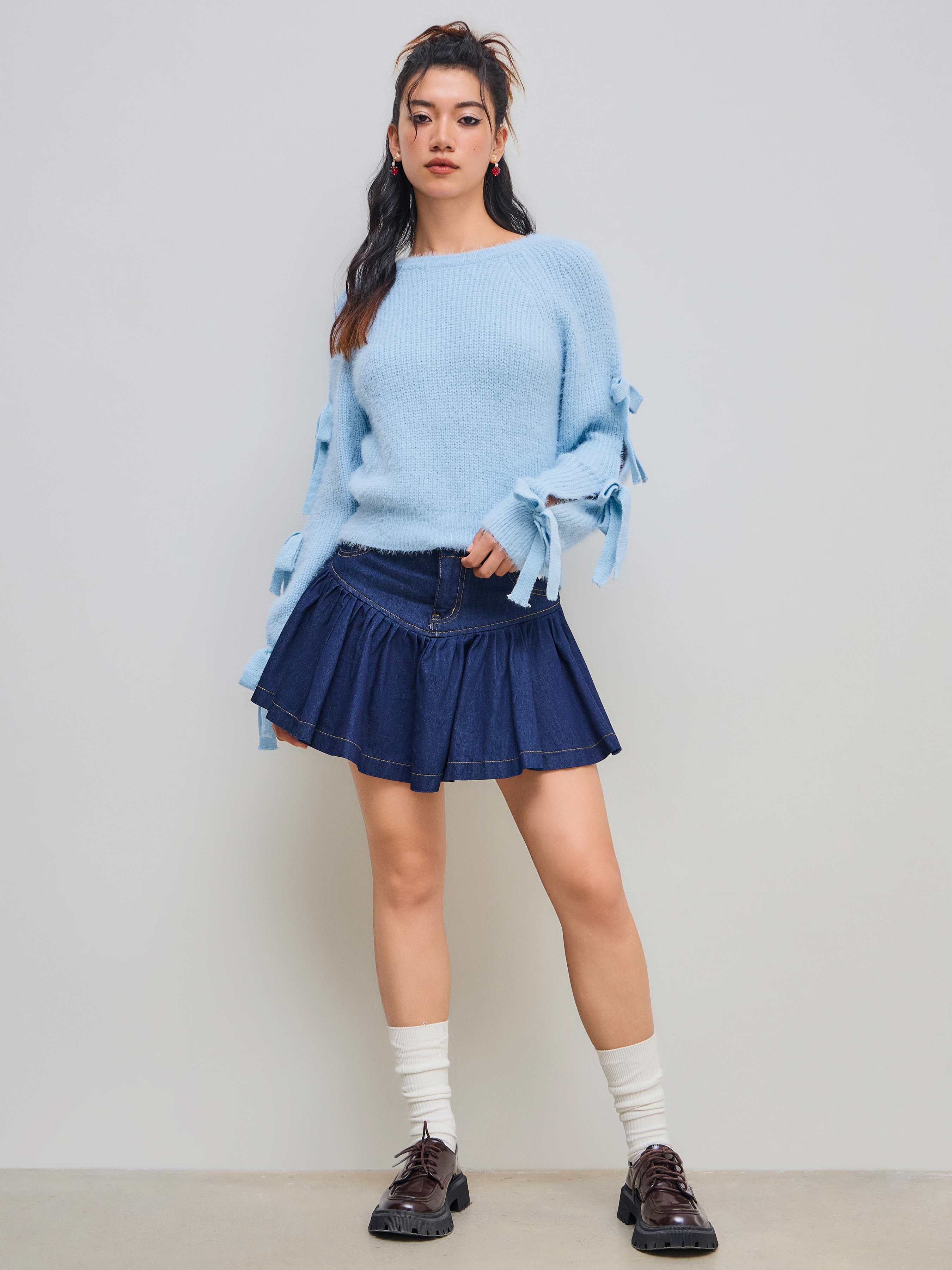 Knit Fabric Knit Bowknot Long Sleeve Top For Daily Casual