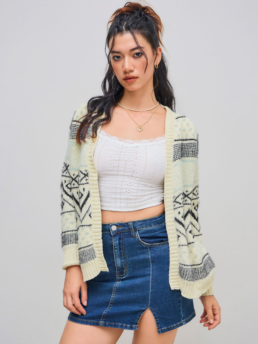 Knit Geometric Print Pocket Cardigan