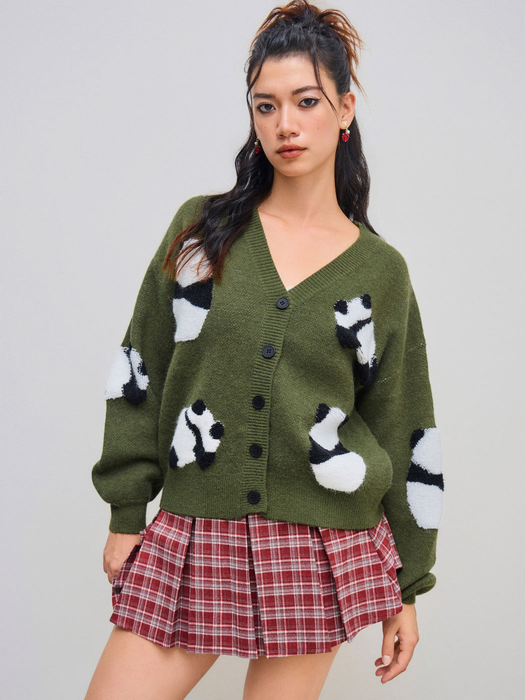 Strick-V-Ausschnitt-Panda-Knopf-Cardigan