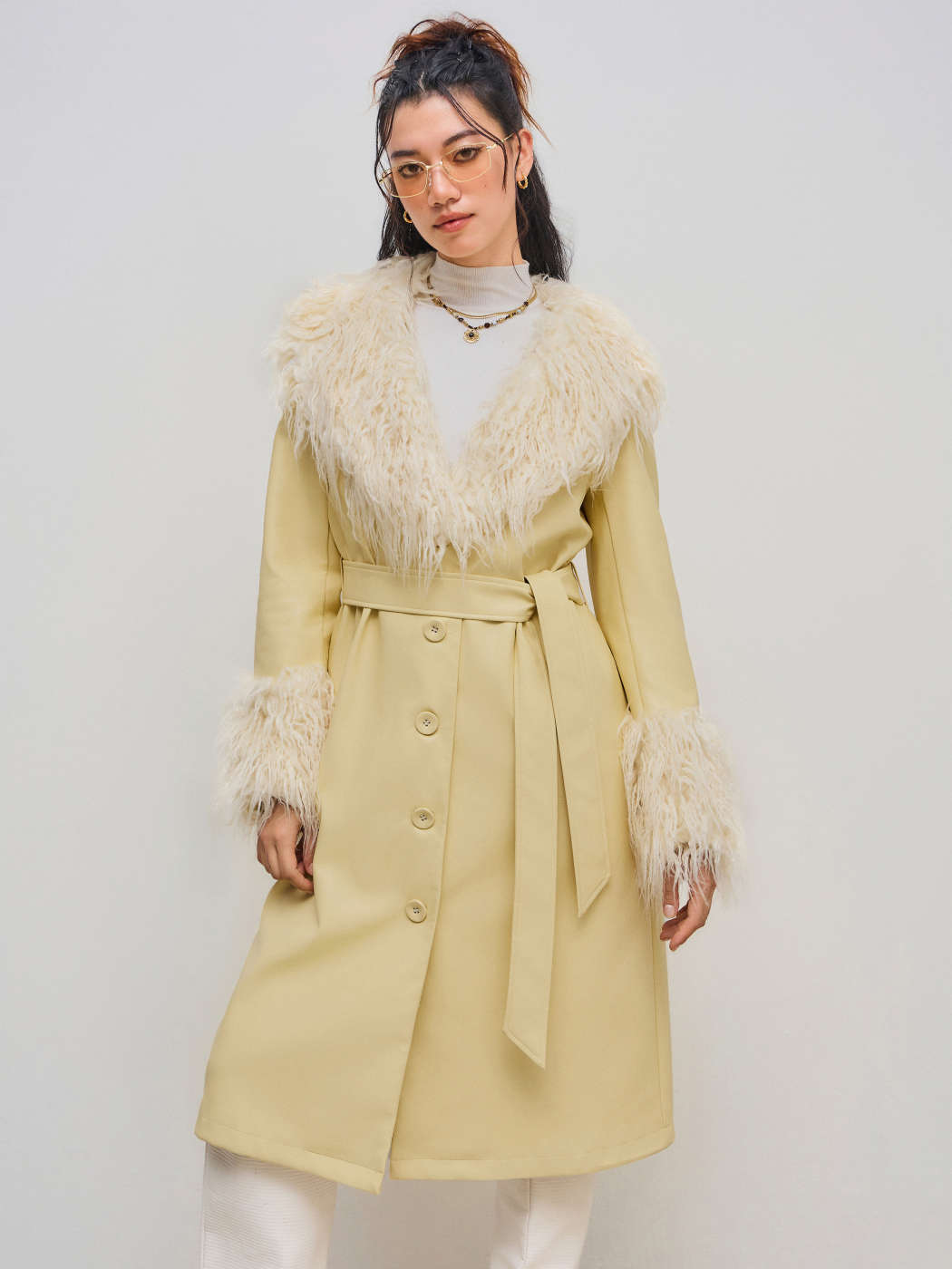 Yellow Wool Long Coat With Fur Collar Faux Leather Faux Leather
