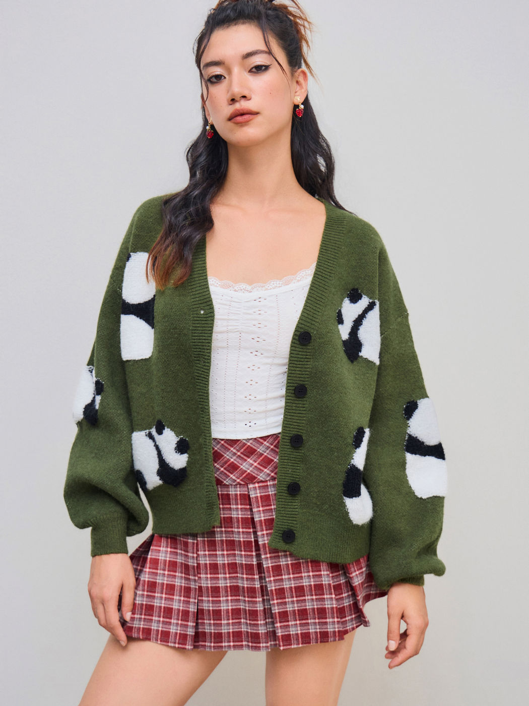 Knit V-neck Panda Button Cardigan