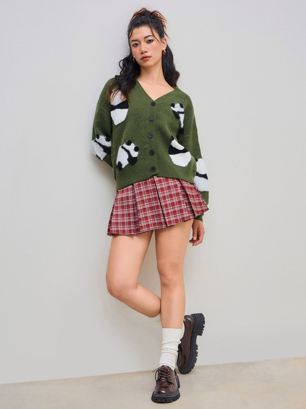 Knit V-neck Panda Button Cardigan