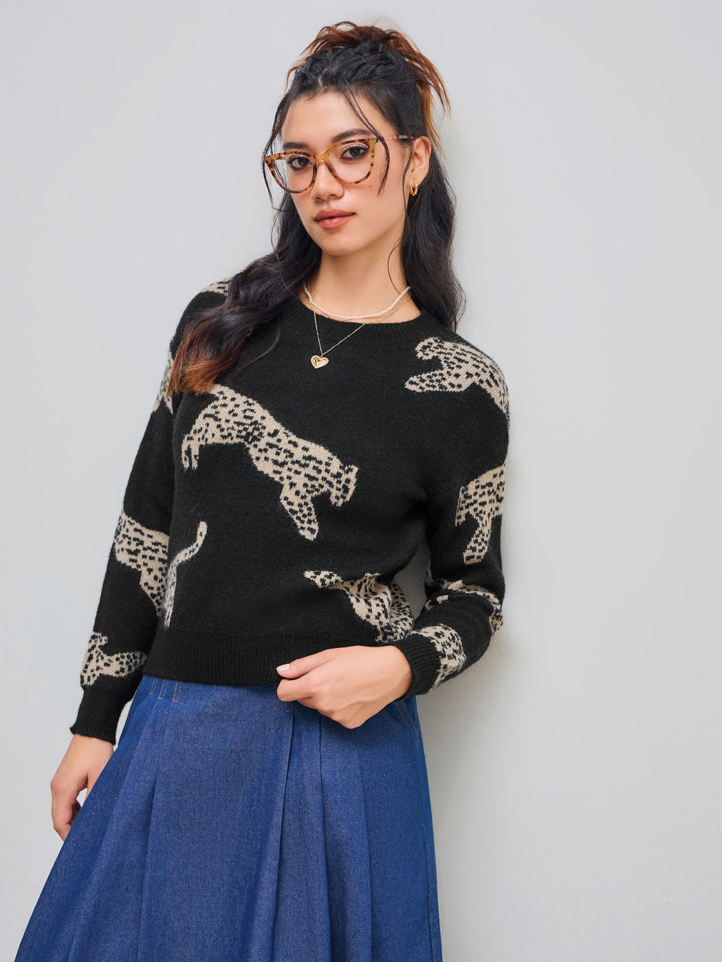 Leopard Strickwaren Rundhals Pullover