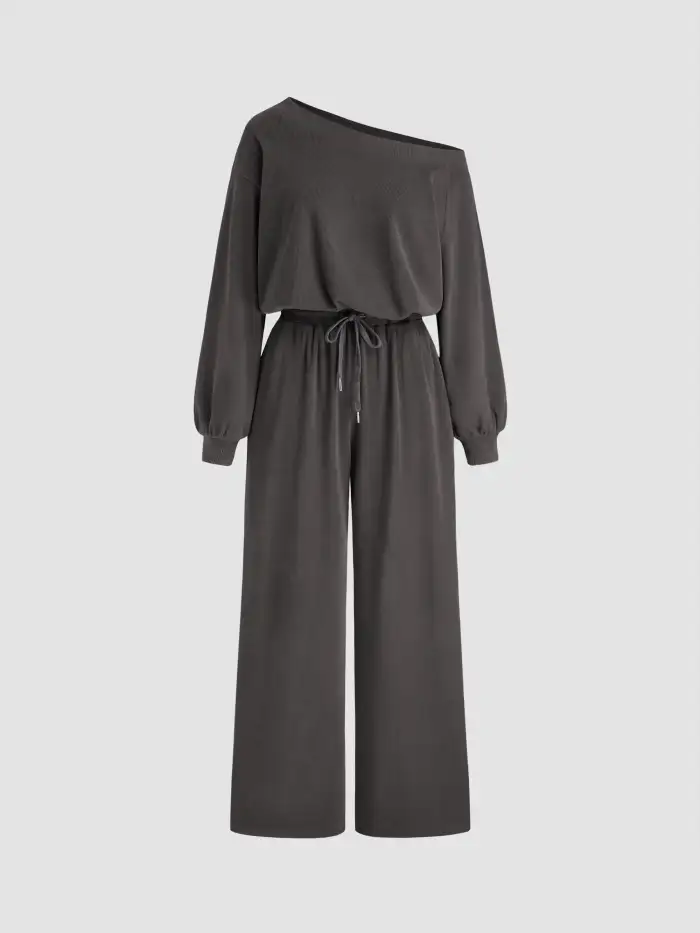 Cotton-blend Asymmetrical Neck Striped Oversized Top & Mid Rise Drawstring Trousers Loungewear Set