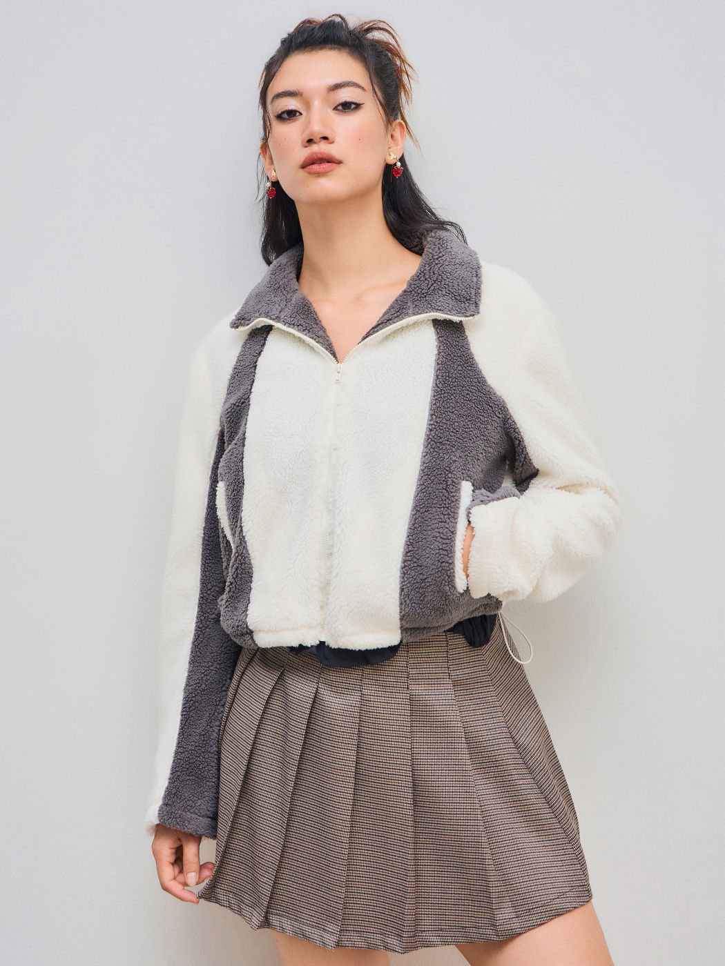 Fleece Funnel Neck Colorblock Borg Jacket