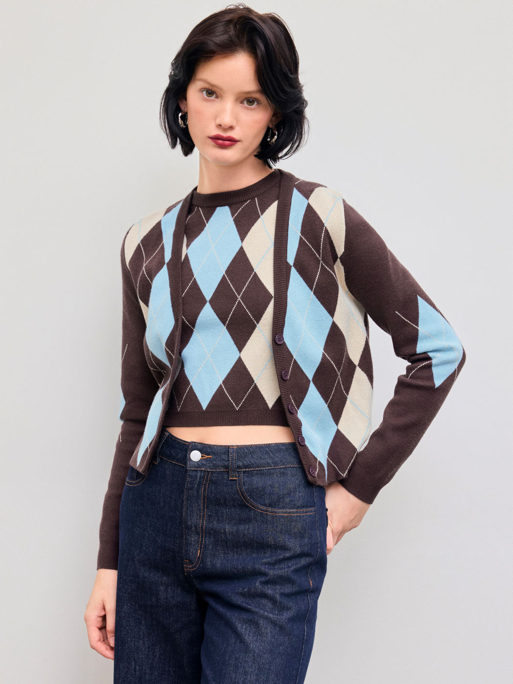 Knit Argyle Pattern Vest & Cardigan Two Piece Set