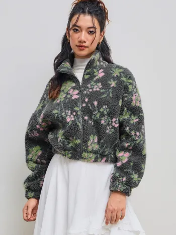 Fleece Blumen Oversized Jacke mit Taschen