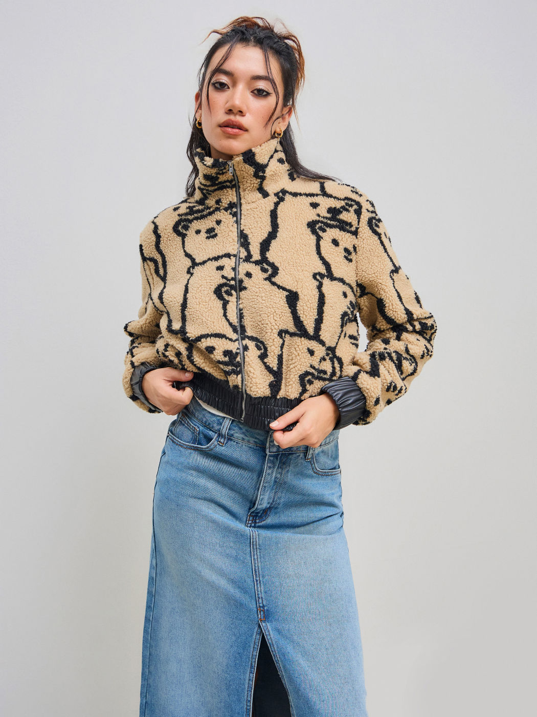 Zip Through Bear Pattern Fleece Jacket