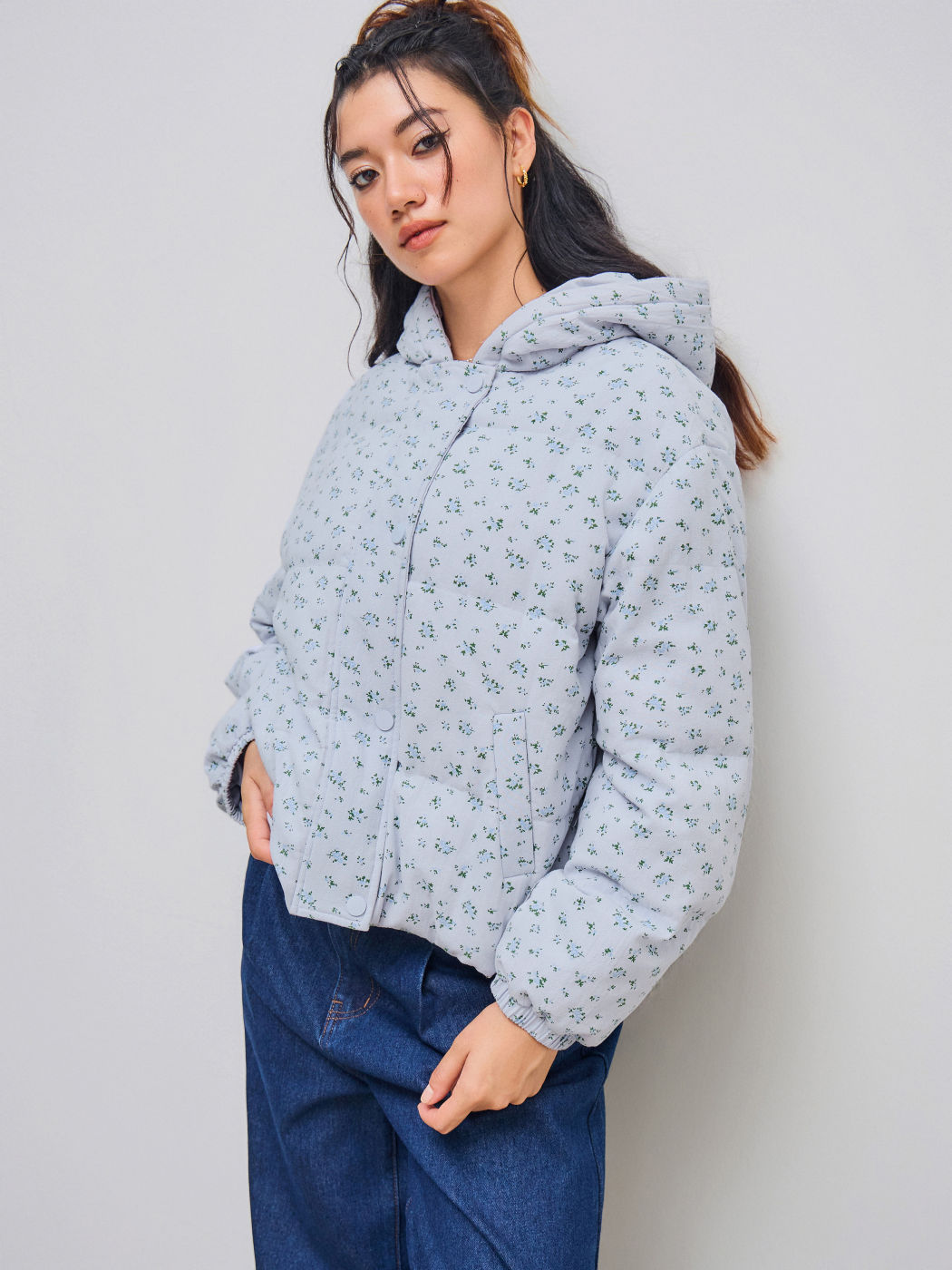 Hoodie Floral Pocket Oversized Puffer