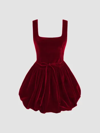 Velvet Square Neck Knotted Bubble Mini Dress