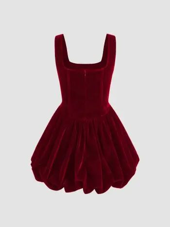 Velvet Square Neck Knotted Bubble Mini Dress