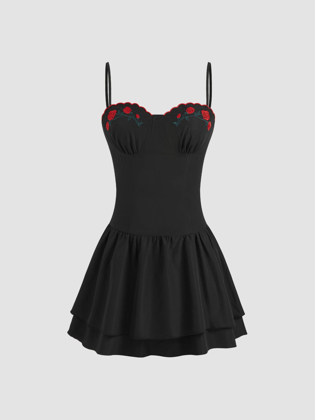 Sweetheart Rose Embroidery Ruffle Layered Mini Dress