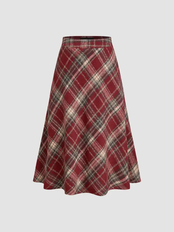 Wool-like fabrics Wool-look Mid Rise Tartan Ruffle Hem Maxi Skirt