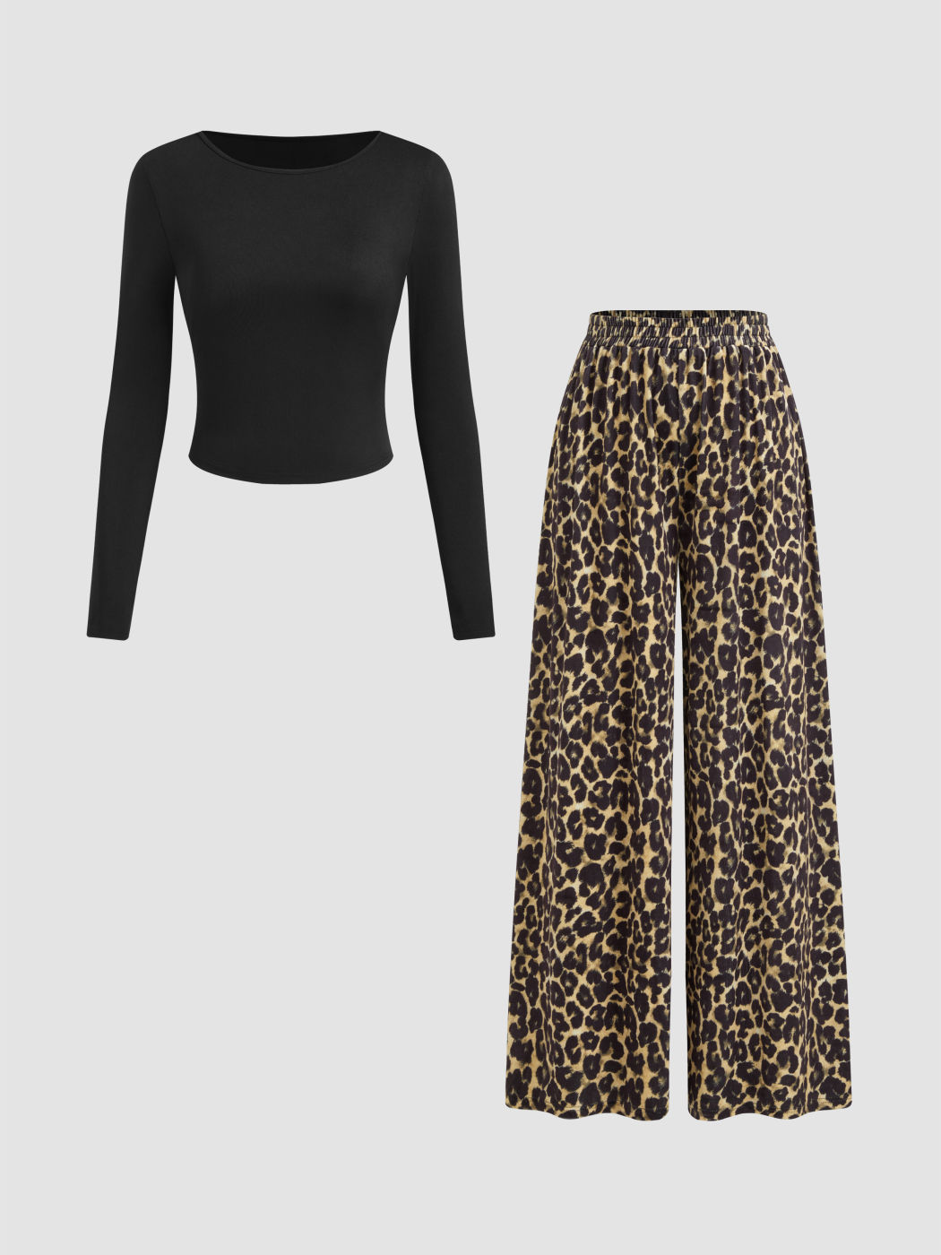 Set aus Rundhals-Langarm-Oberteil und Mittelbund-Leopard-Hosen mit elastischem Bund und breiten Beinen