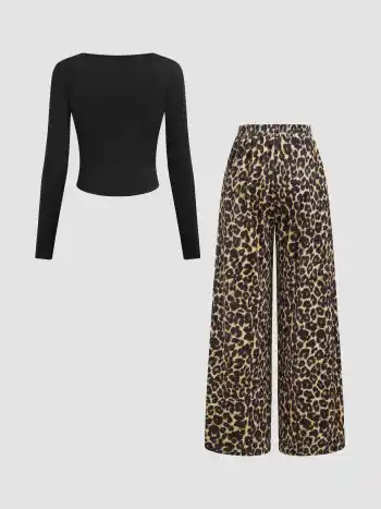Set aus Rundhals-Langarm-Oberteil und Mittelbund-Leopard-Hosen mit elastischem Bund und breiten Beinen