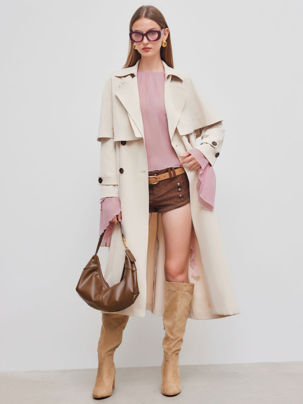 Collar Belted Trench Coat With Cloak