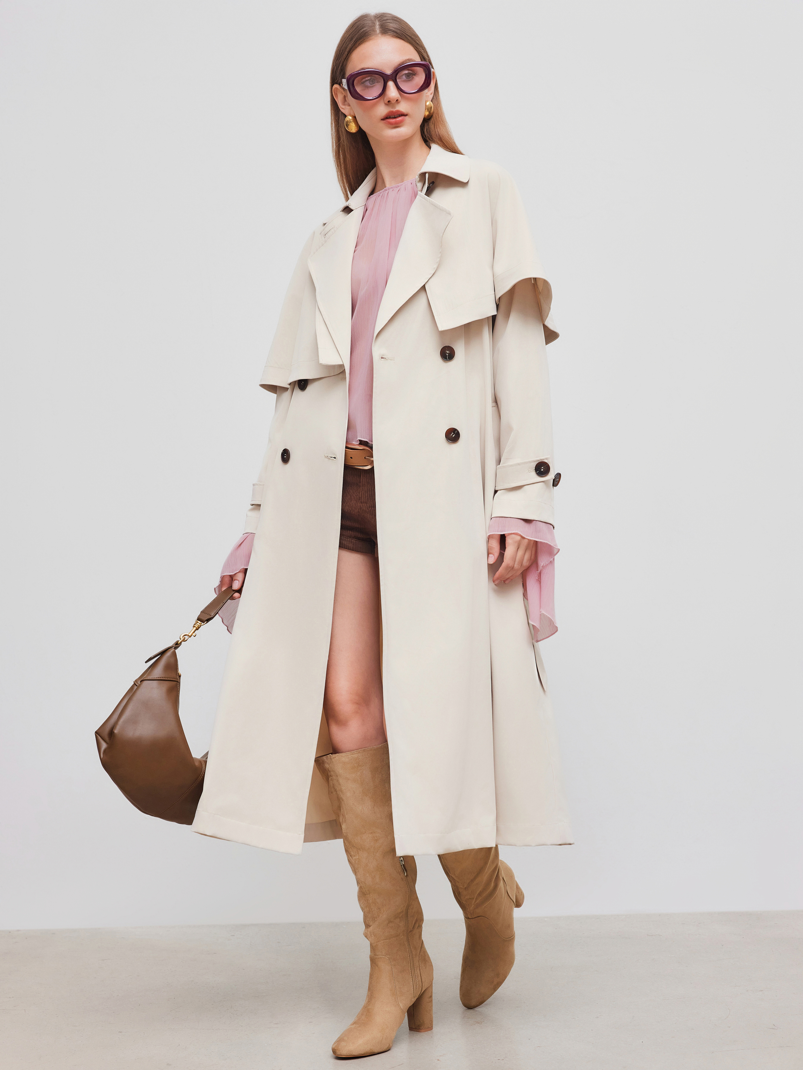 Woven Collar Belted Trench Coat With Cloak For Work