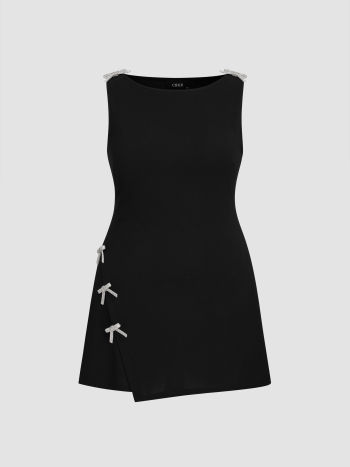 Boat Neckline Solid Bowknot Wrap Mini Dress Curve & Plus