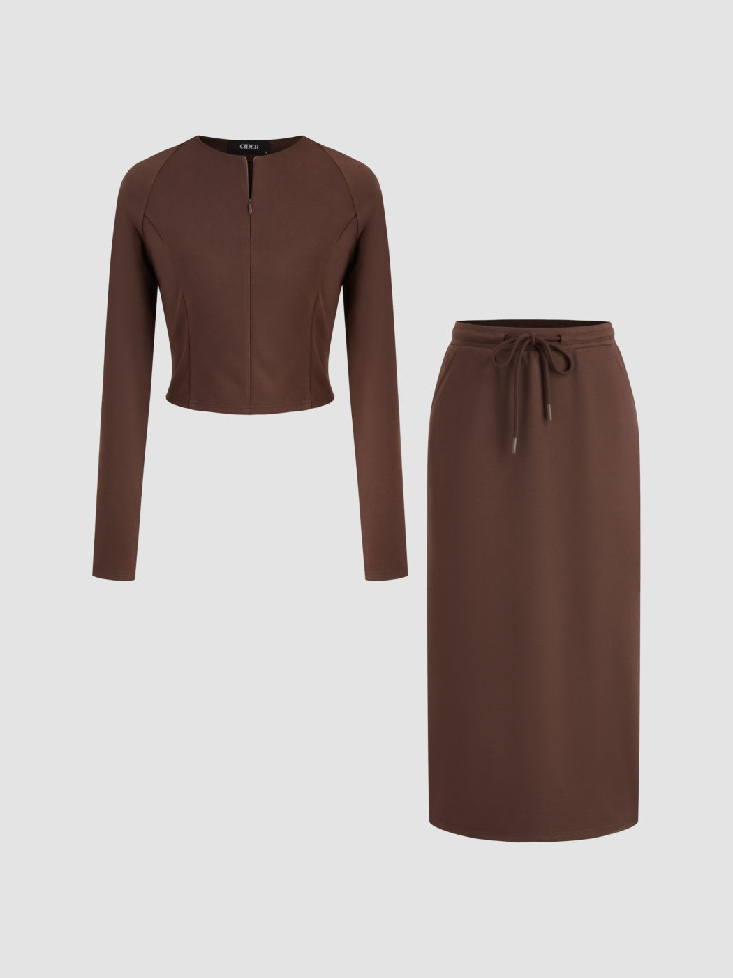 Half Zip Long Sleeve Top & Mid Rise Drawstring Maxi Skirt Set