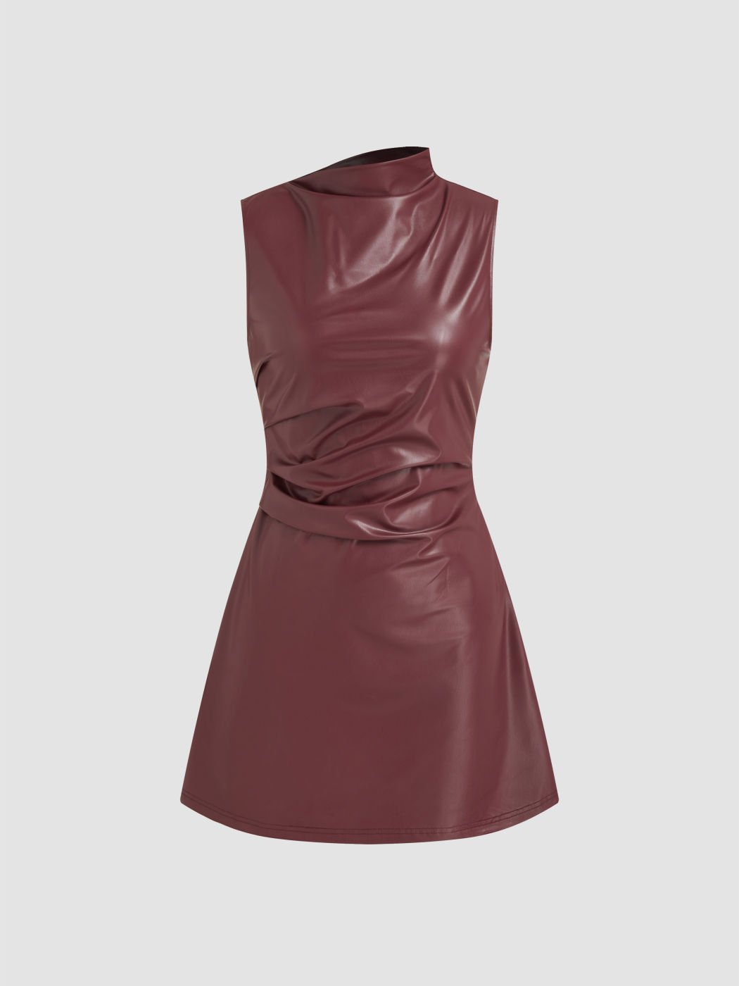 Kunstleder Hoher Kragen Rüschen Minikleid