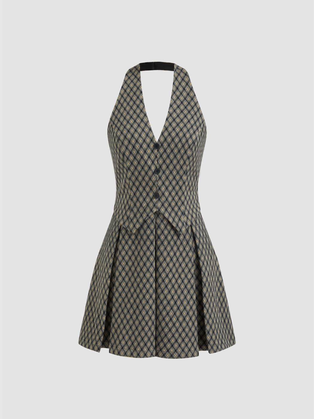 Halter Neckline Tartan Pleated Mini Dress