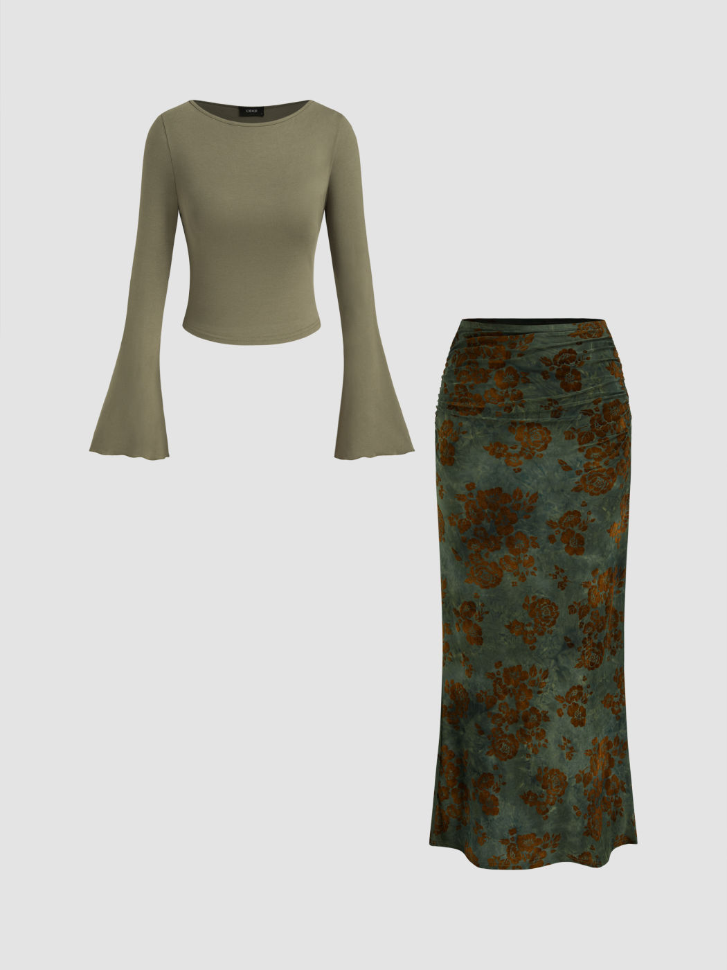 Boat Neck Long Sleeve Top & Mid Rise Floral Ruched Maxi Skirt Set