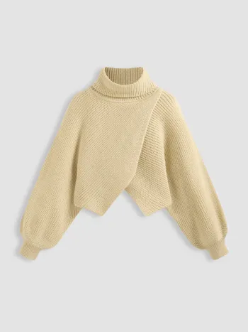 Hoher Kragen Solid Langärmlige Strickoberteile