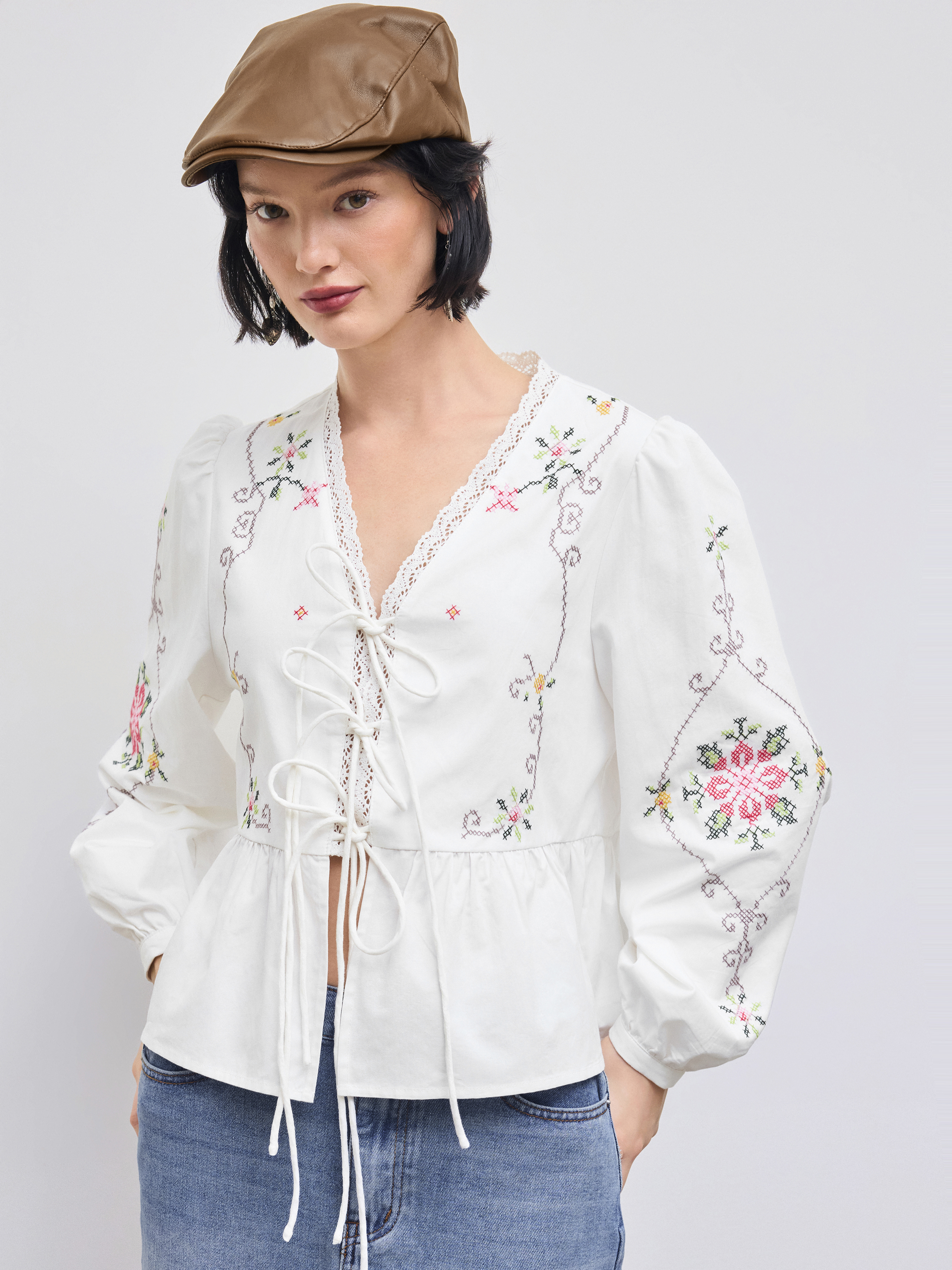 Woven 100% Cotton V-neck Floral Embroidery Tie Front Long Sleeve