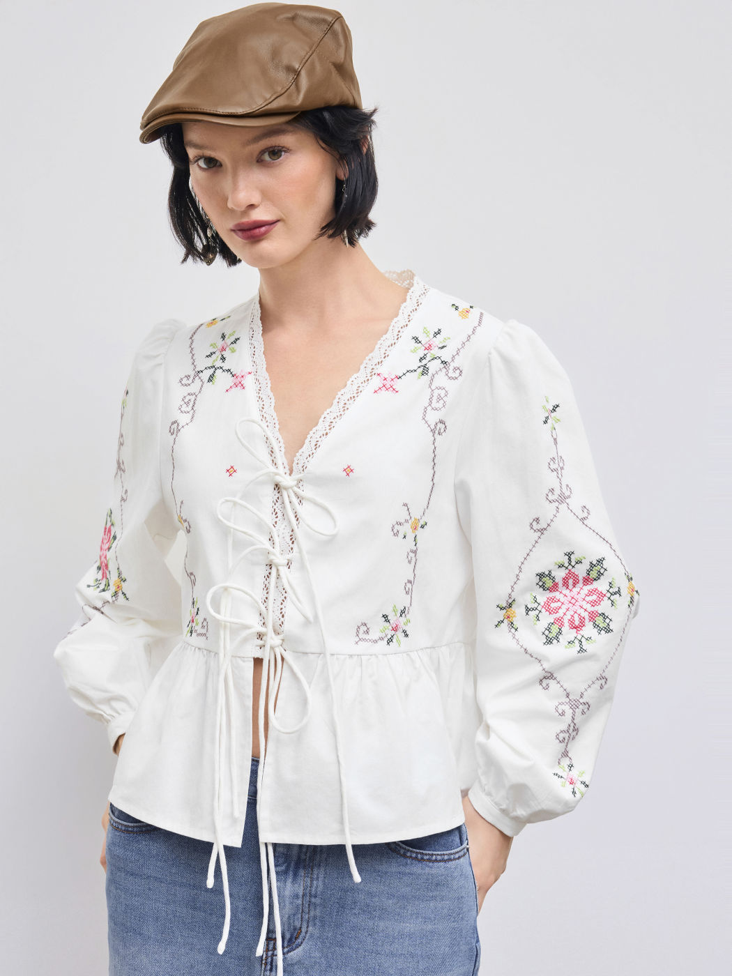100% Cotton V-neck Floral Embroidery Tie Front Long Sleeve Blouse