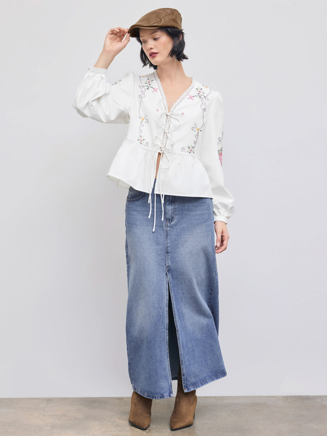 100% Cotton V-neck Floral Embroidery Tie Front Long Sleeve Blouse