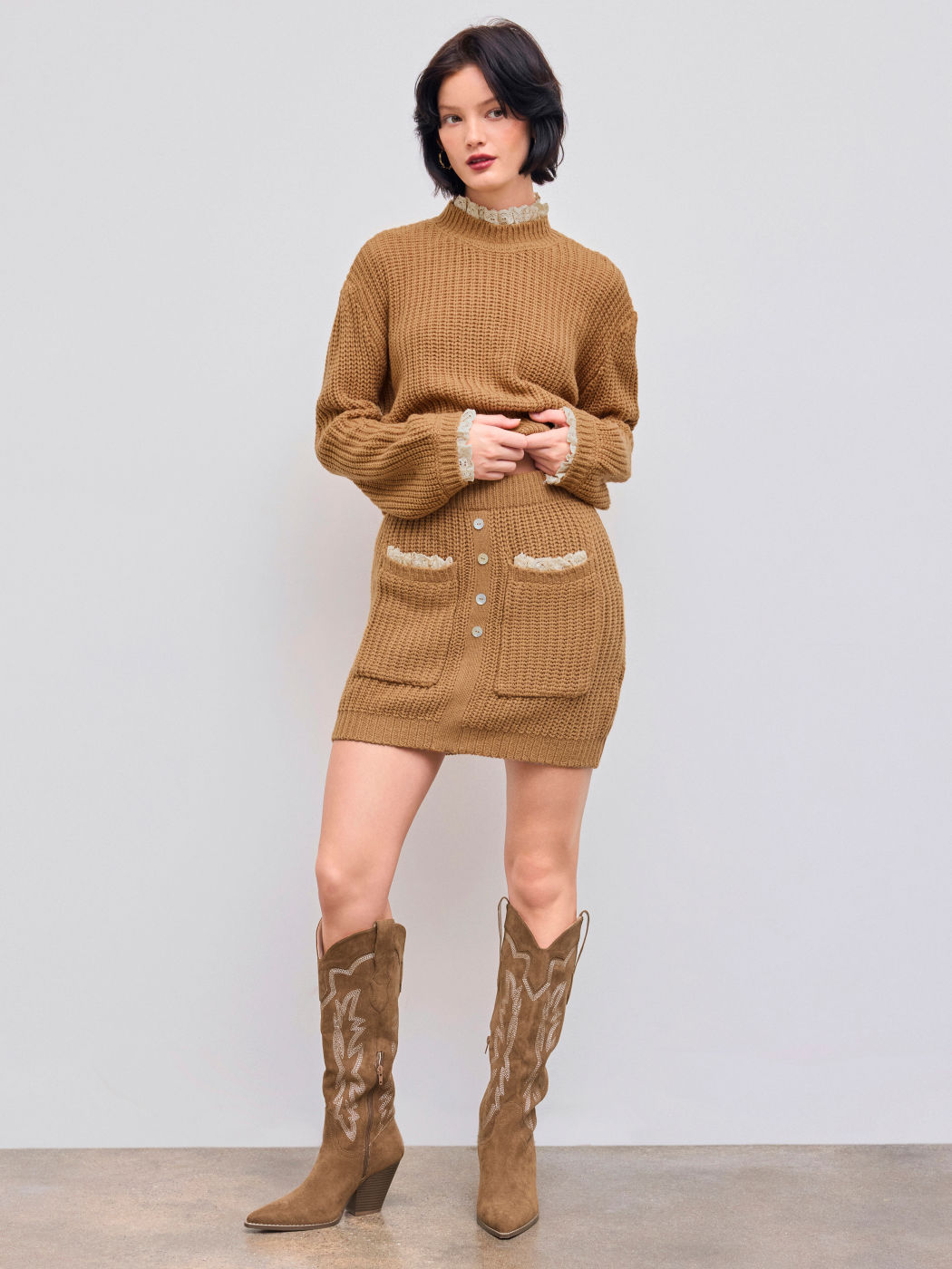 Knit Mid Rise Solid Lace Button Up Mini Skirt