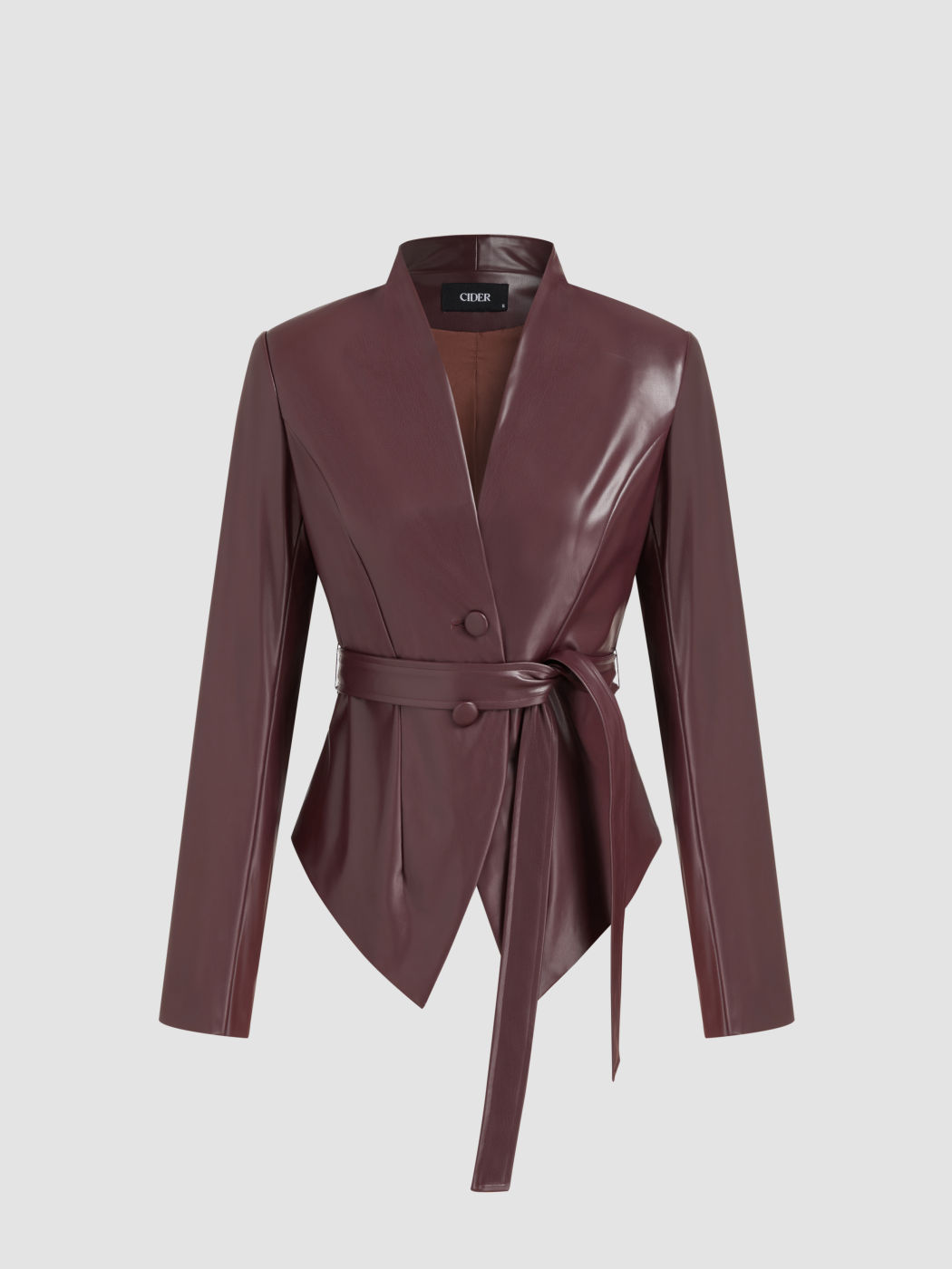Faux Leather Stand Collar Split Jacket With Belt