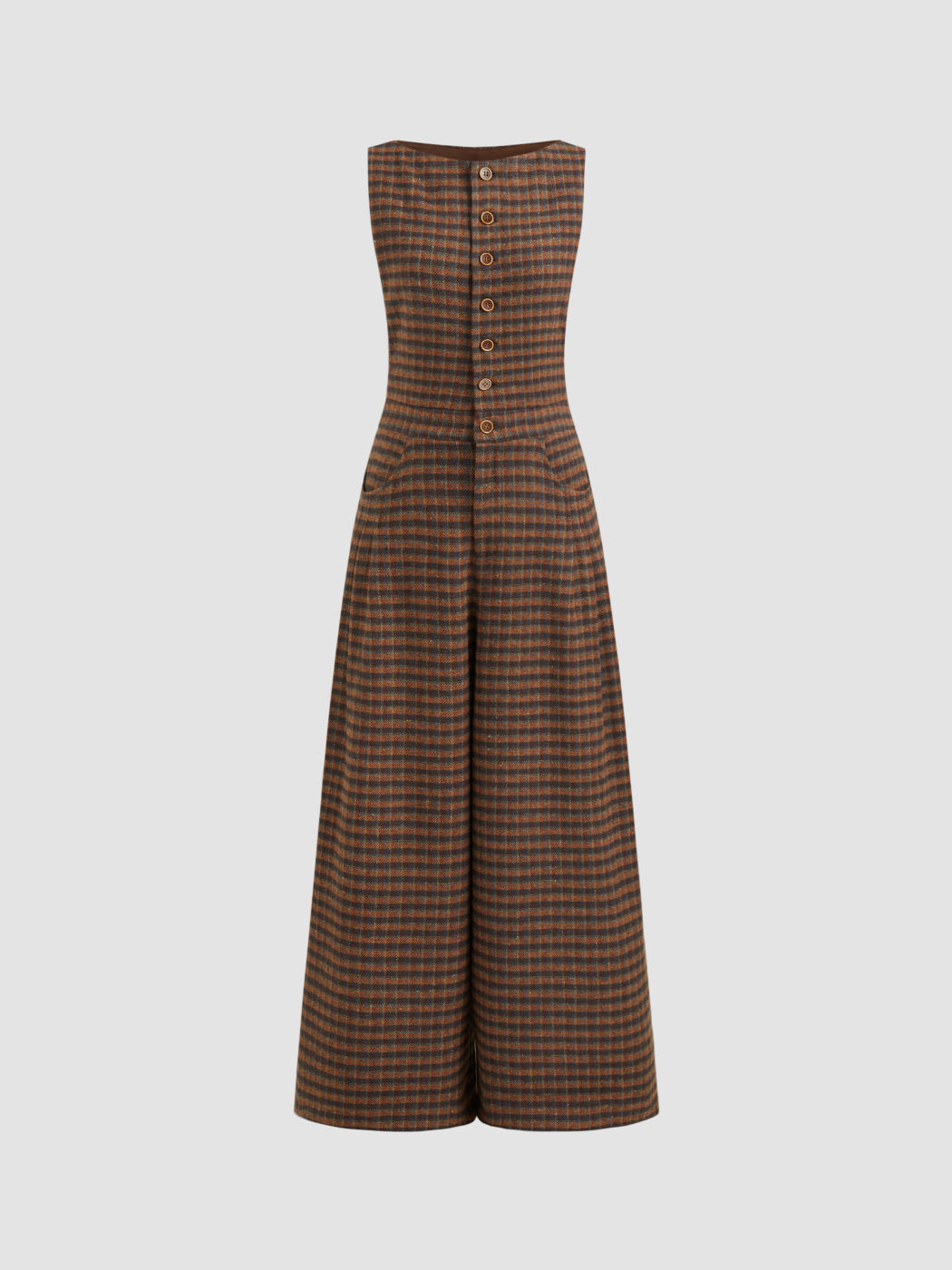 Wool-look Boat Neck Tartan Pleated Jumpsuit