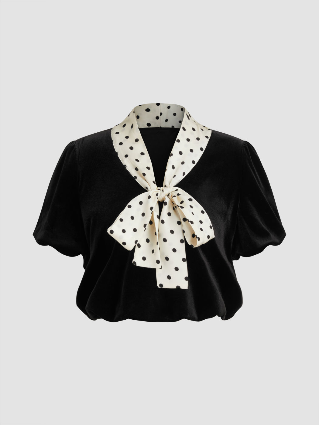 Velvet V-neck Polka Dot Knotted Crop Blouse