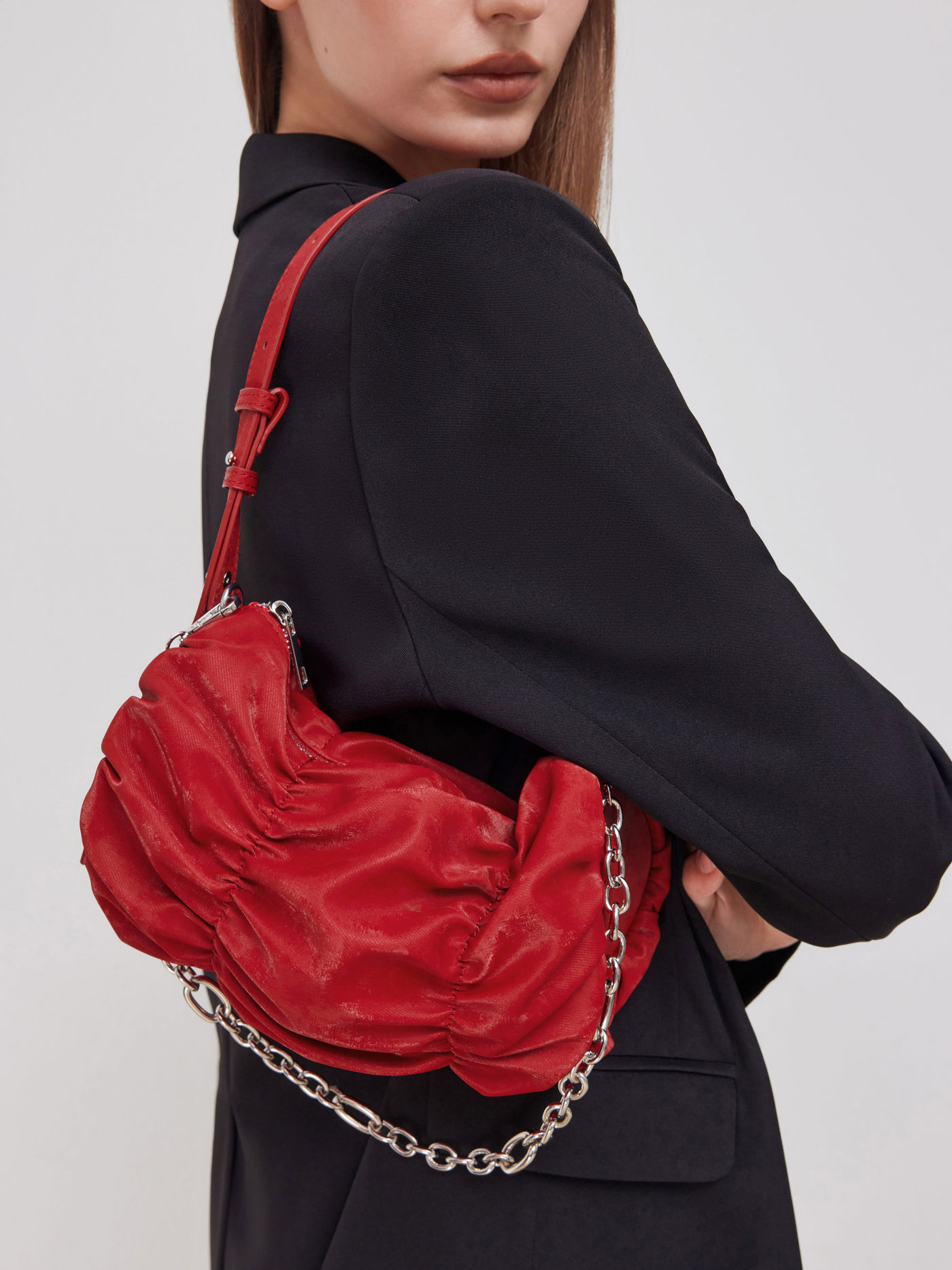 PLEATED FAUX LEATHER SHOULDER BAG