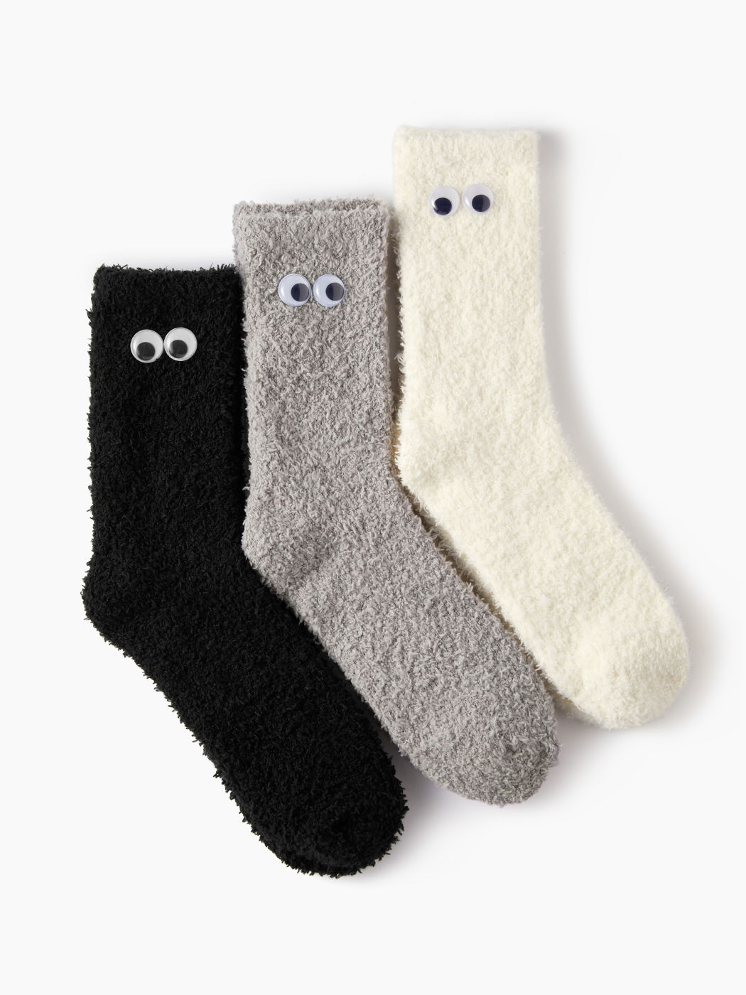 3 PAIRS EYE DECOR FUZZY CREW SOCKS