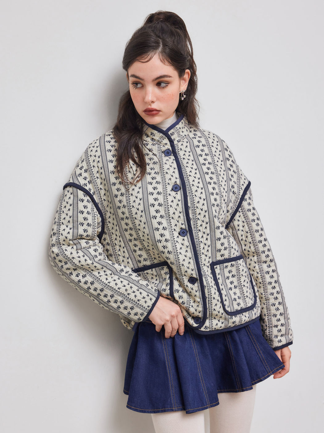 Jacquard Round Neckline Floral Oversized Jacket