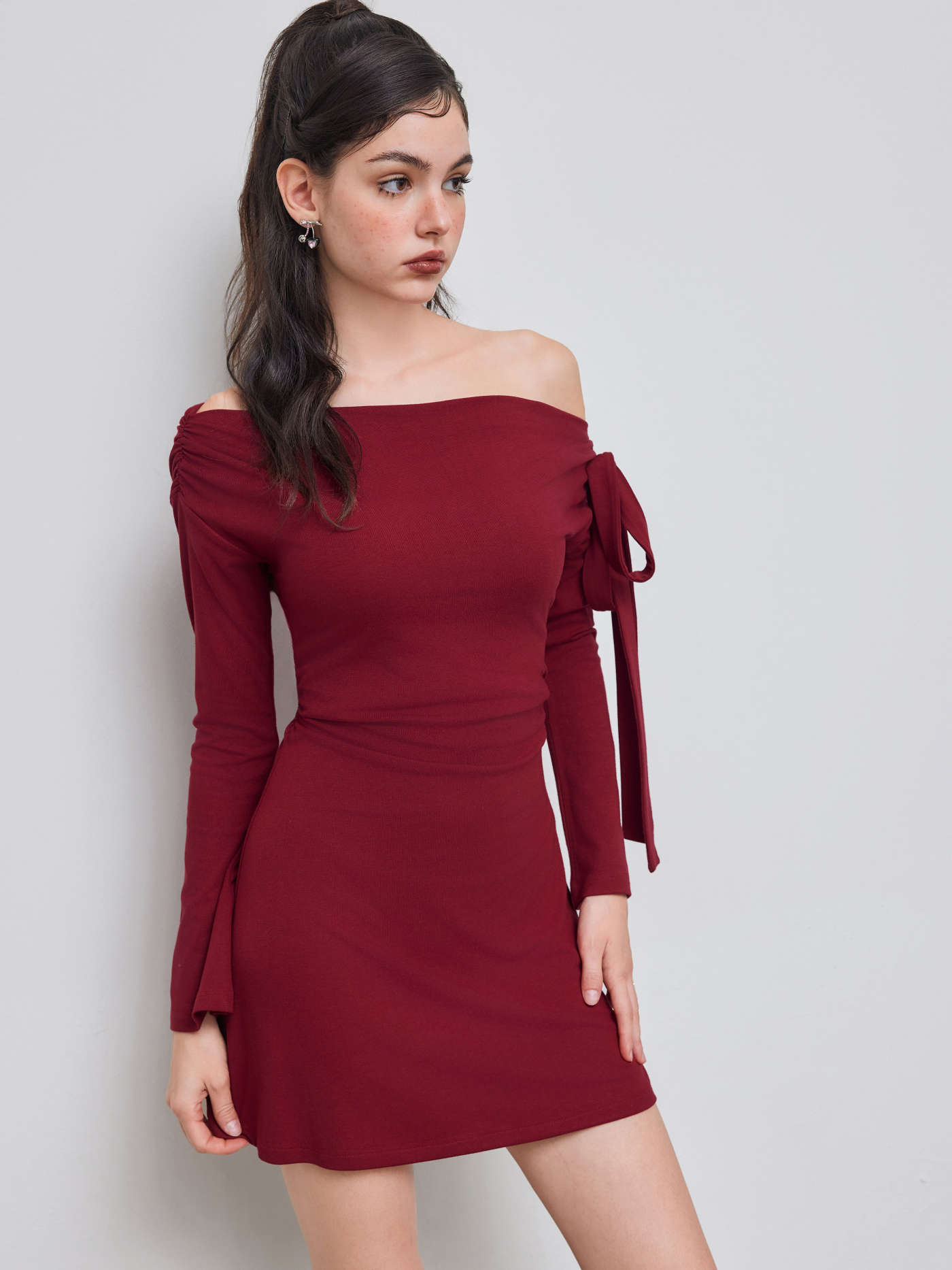 Asymmetrical Neck Ruched Knotted Mini Dress