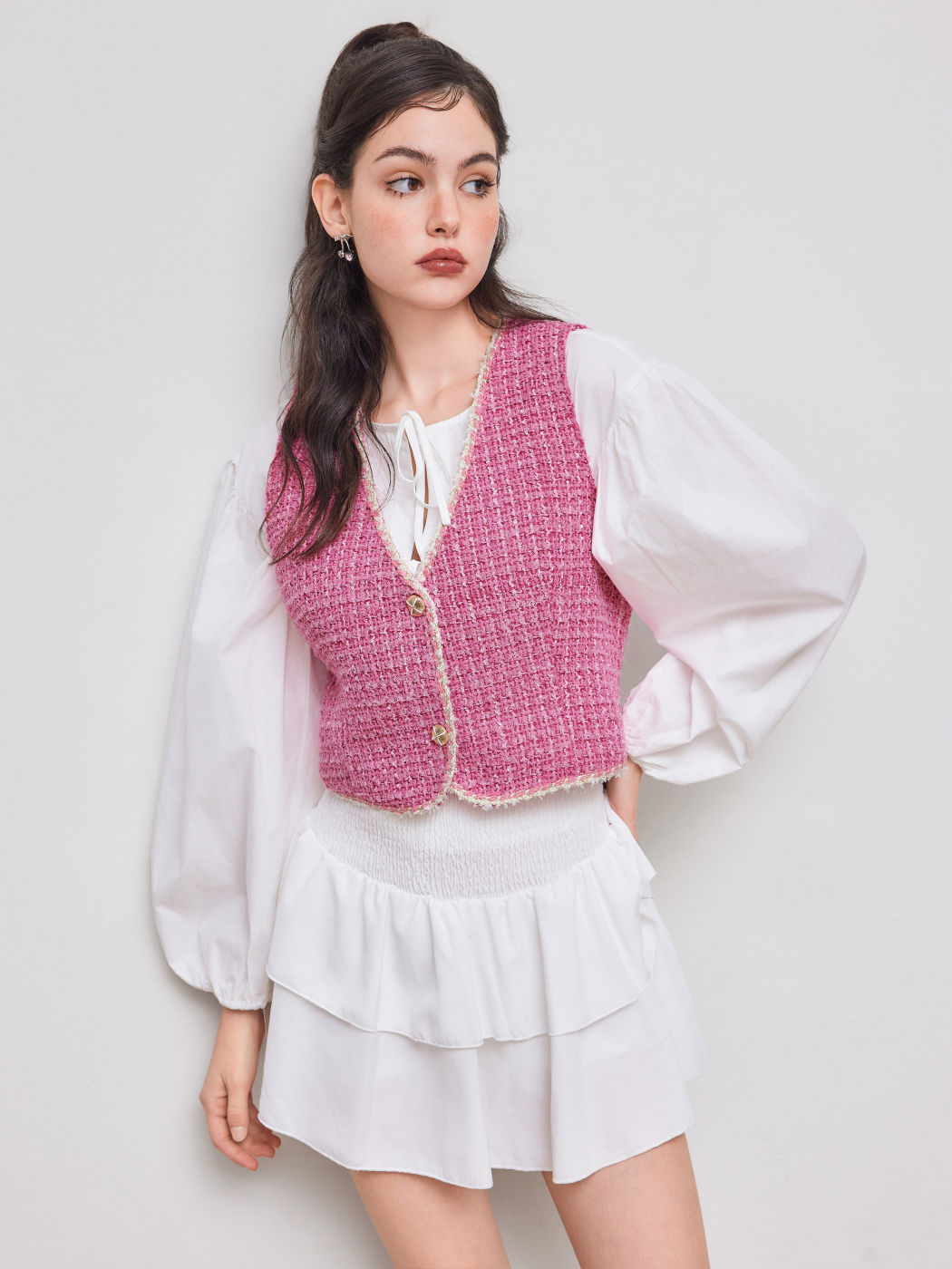 Tweed V-neck Cropped Blazer Vest With Contrasting Binding