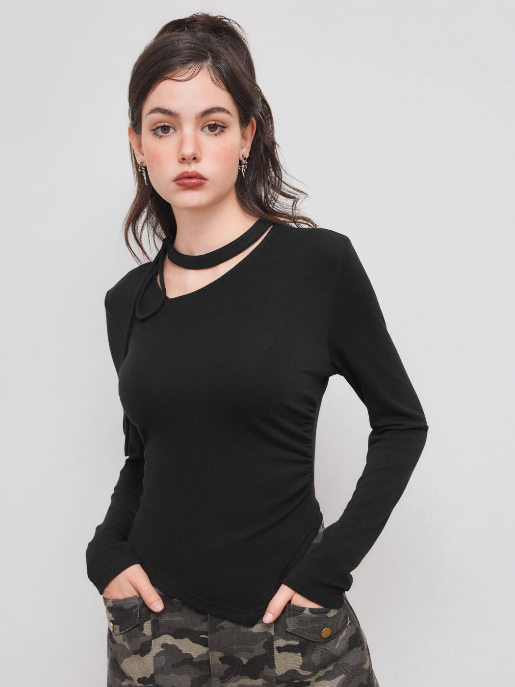 Asymmetrical Neck Ruched Knotted Long Sleeve Top