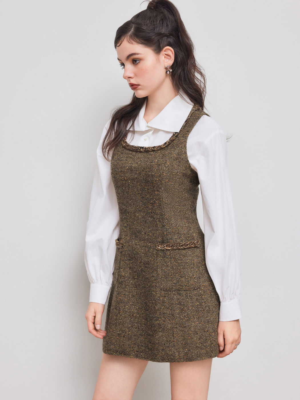 Tweed Square Neck Solid Pocket Mini Dress