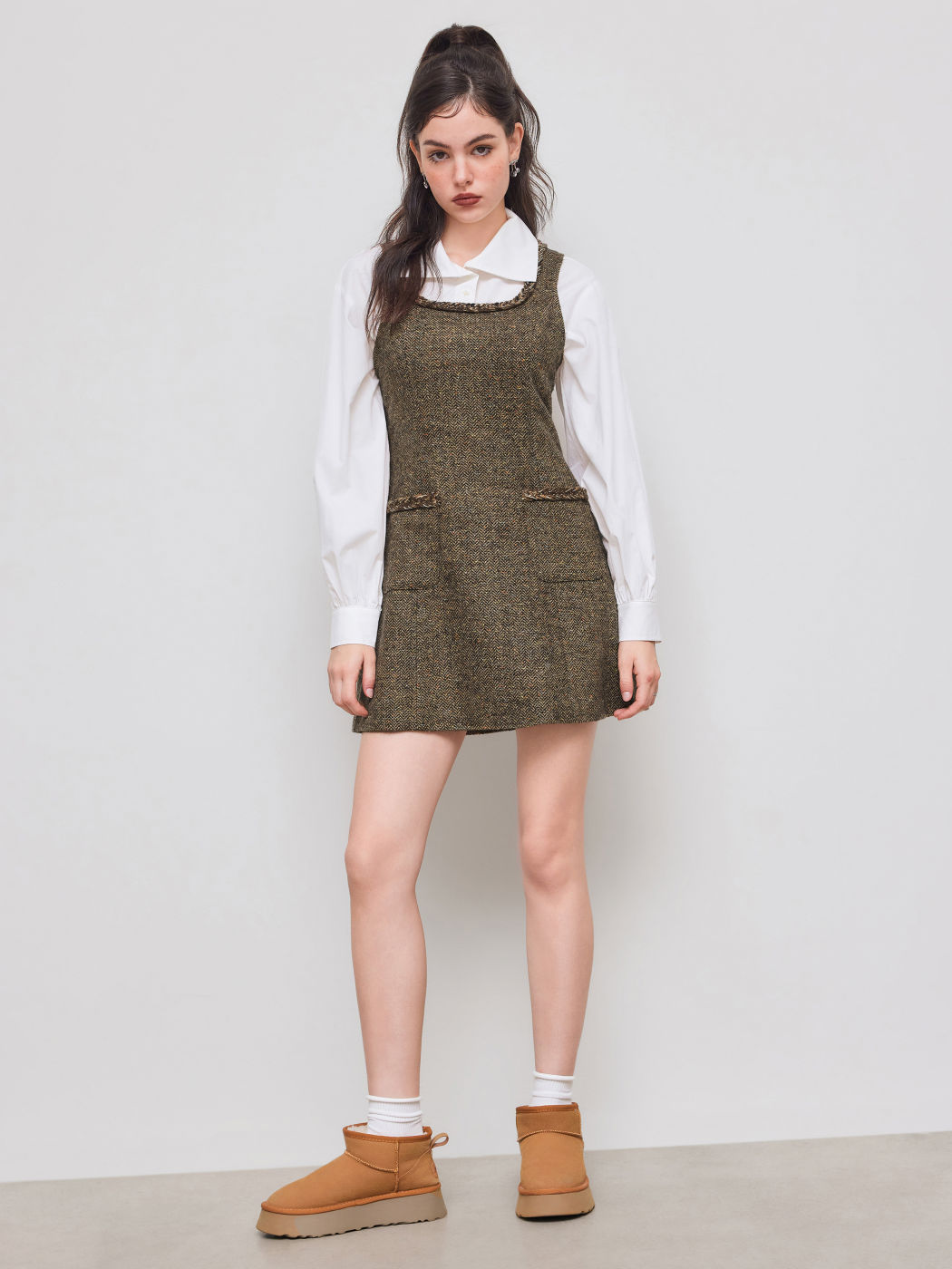 Tweed Square Neck Solid Pocket Mini Dress