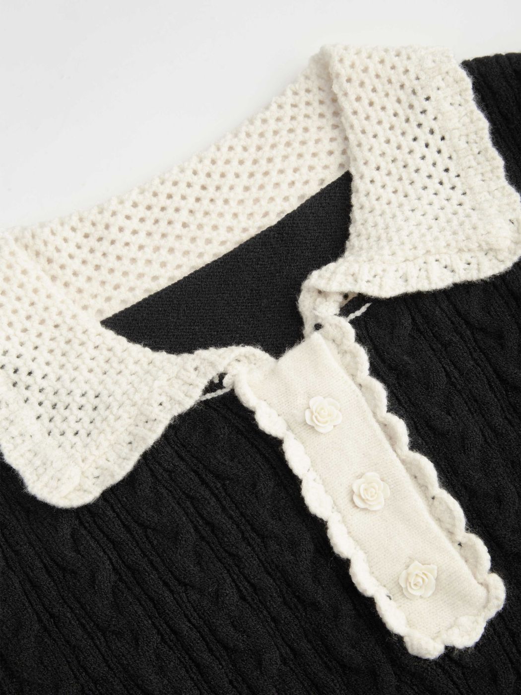 Cable Knit Collar Contrasting Binding Long Sleeve Top