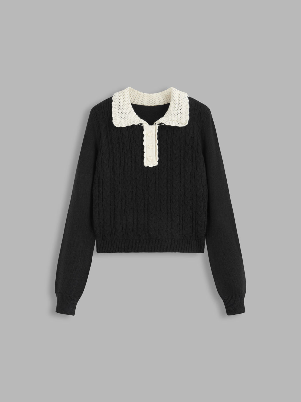 Cable Knit Collar Contrasting Binding Long Sleeve Top