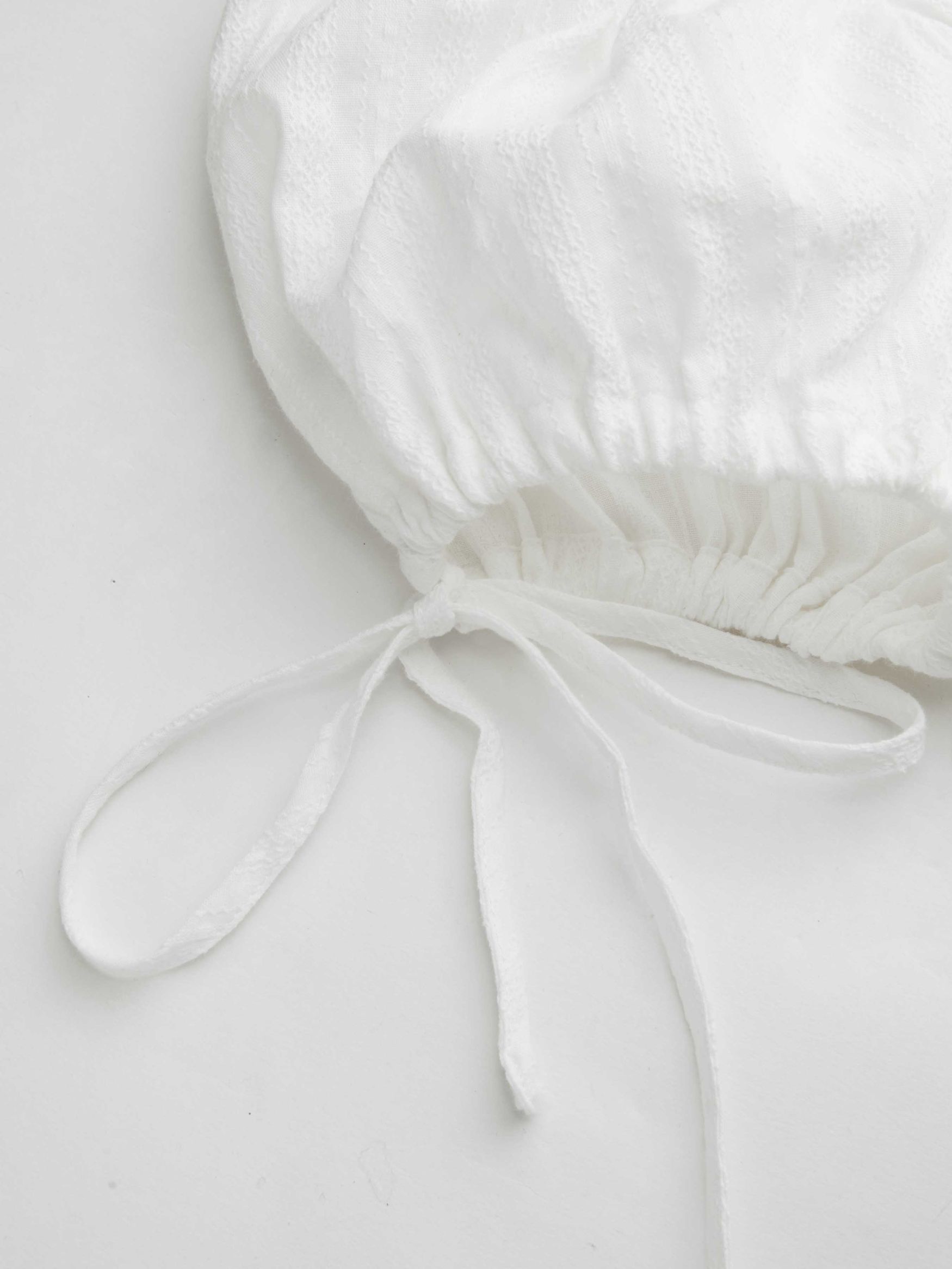 100% Recycled Cotton Square Neck Solid Ruffle Knotted Short Sleeve Blouse