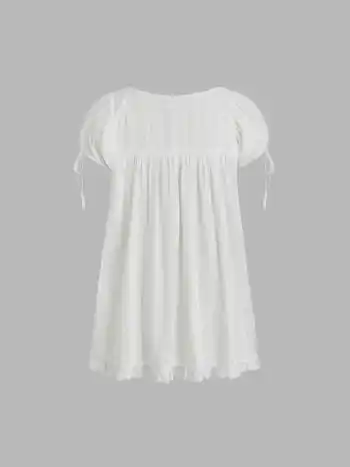 100% Recycled Cotton Square Neck Solid Ruffle Knotted Short Sleeve Blouse