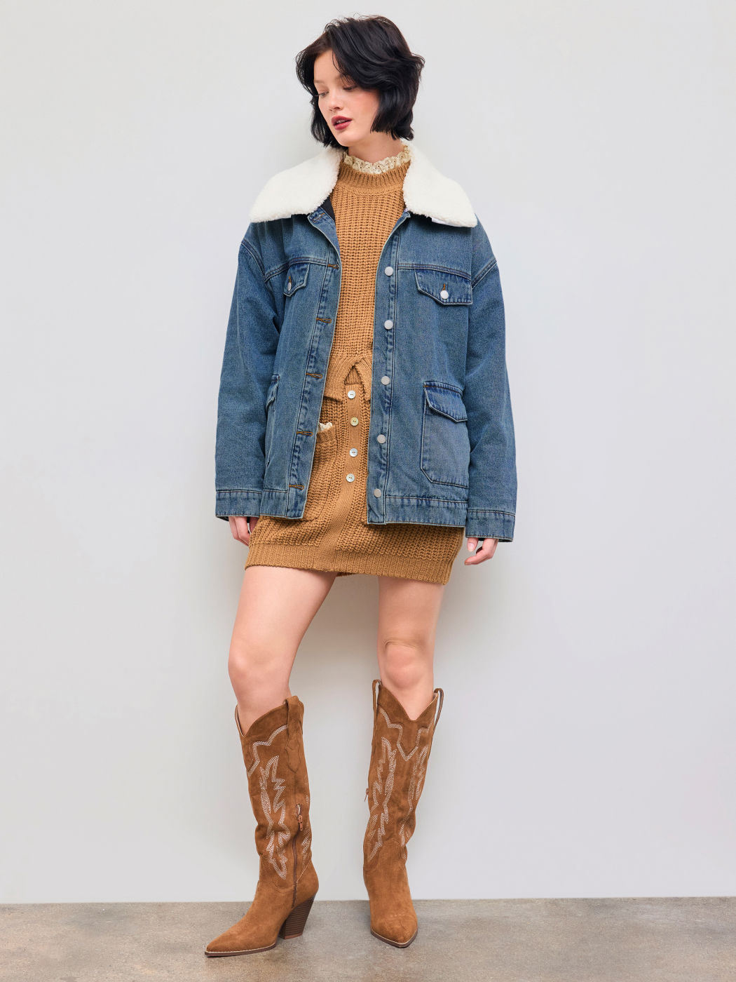 Denim Oversized Quilted Jacket With Faux Shearling Collar